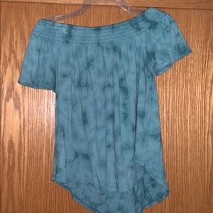 Off the shoulder blue acid wash shirt